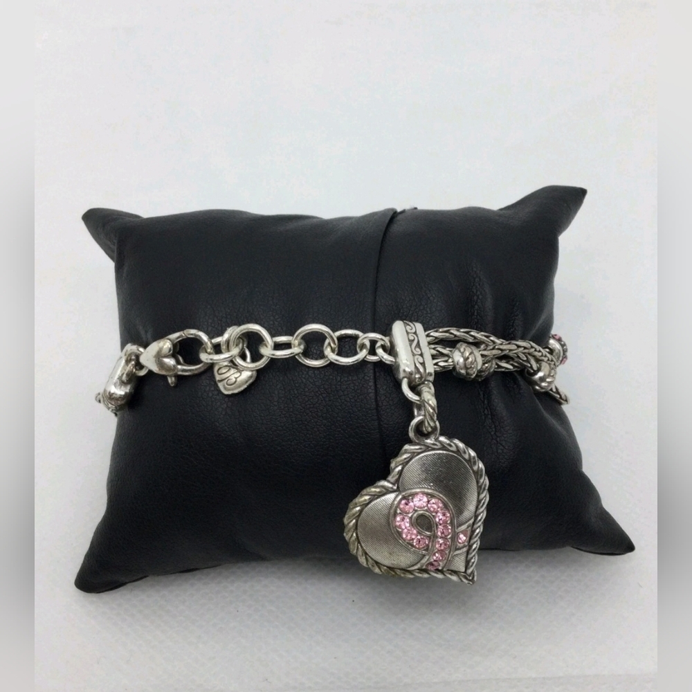 Brighton Breast Cancer Awareness Heart Charm Multi Strand Bracelet EUC 7"